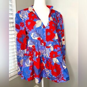 Tuckernuck Red, Blue & Cream Floral Peplum Top